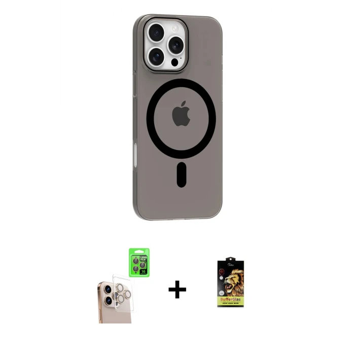 ieg™ iPhone 16 Pro Max Kılıf Pusula Form Özel Seri - Siyah Buffer Cam Ekran Koruyucu + Natural Grey Raze Metal Kamera Lens