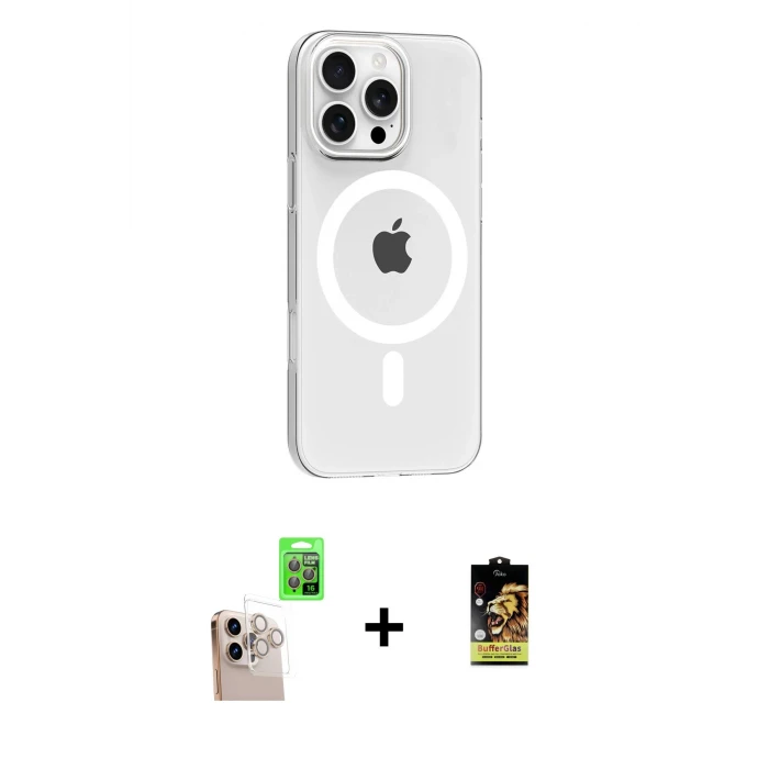 ieg™ iPhone 16 Pro Max Kılıf Pusula Form Özel Seri - Siyah Buffer Cam Ekran Koruyucu + Natural Grey Raze Metal Kamera Lens