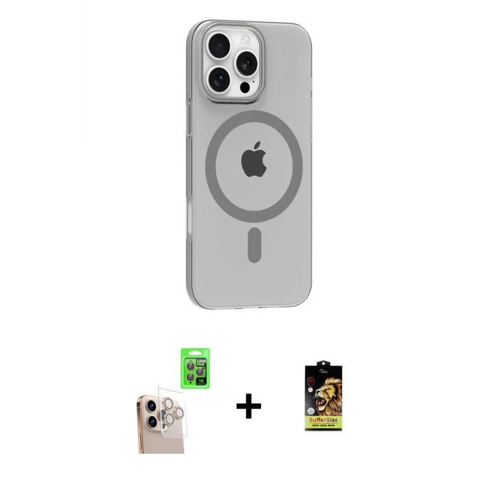 ieg™ iPhone 16 Pro Max Kılıf Pusula Form Özel Seri - Siyah Buffer Cam Ekran Koruyucu + Natural Grey Raze Metal Kamera Lens