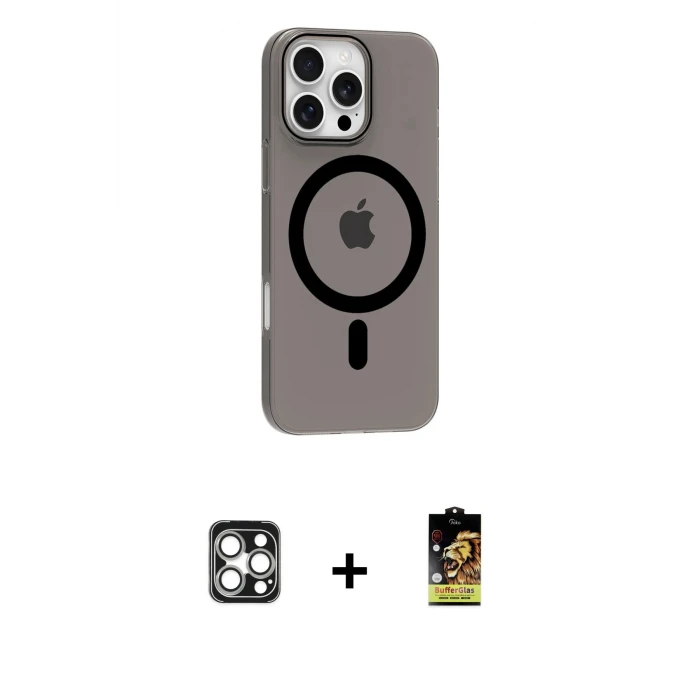 ieg™ iPhone 16 Pro Max Kılıf Pusula Form Özel Seri - Siyah Buffer Cam Ekran Koruyucu + PVD Metal Kamera Lens - GS