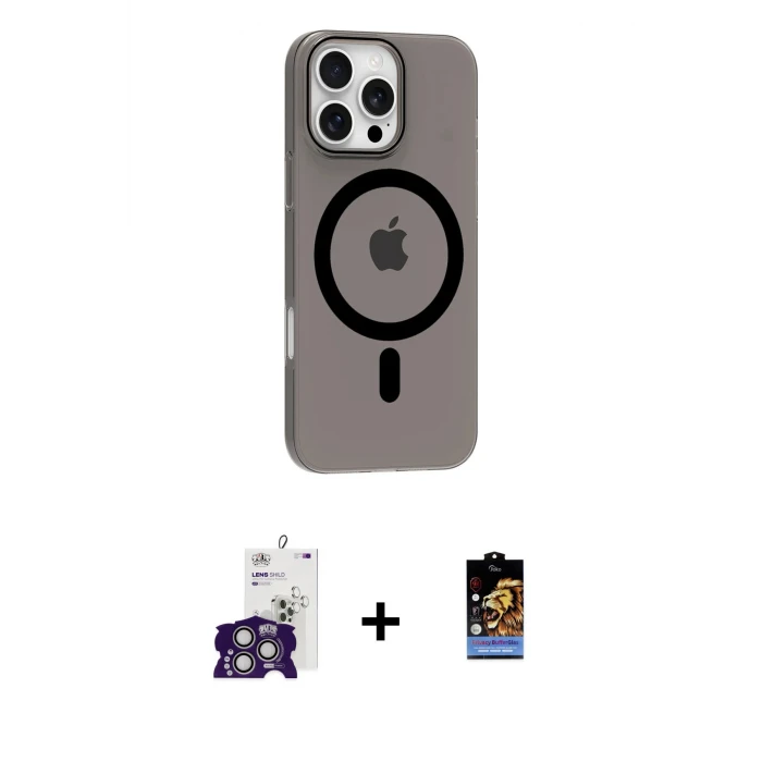 ieg™ iPhone 16 Pro Max Kılıf Pusula Form Özel Seri - Siyah Buffer Hayalet Cam Ekran Koruyucu + Bilvis Titan Kamera Lens - GS