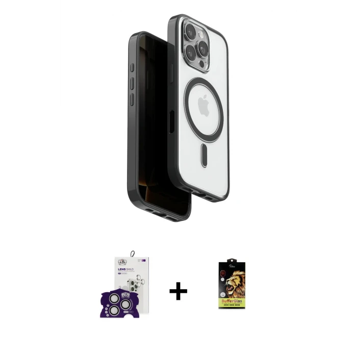 ieg™ iPhone 16 Pro Max Kılıf Pusula Form Serisi - Siyah Buffer Cam Ekran Koruyucu + Bilvis Titan Kamera Lens - GS