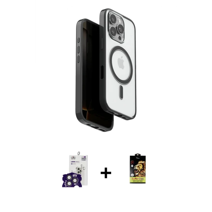 ieg™ iPhone 16 Pro Max Kılıf Pusula Form Serisi - Siyah Buffer Cam Ekran Koruyucu + Bilvis Titan Kamera Lens - TMGI