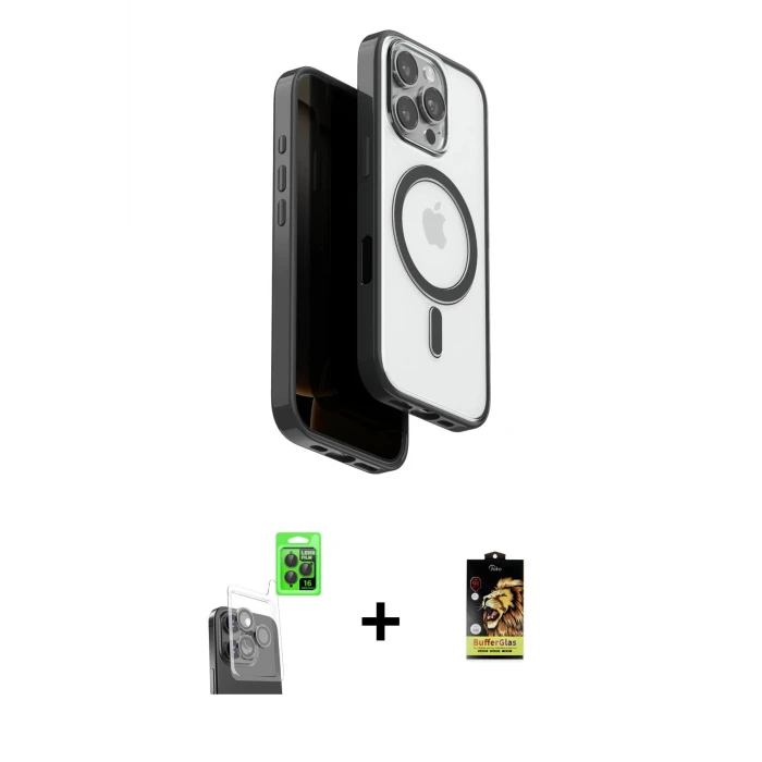 ieg™ iPhone 16 Pro Max Kılıf Pusula Form Serisi - Siyah Buffer Cam Ekran Koruyucu + Raze Metal Kamera Lens - SH