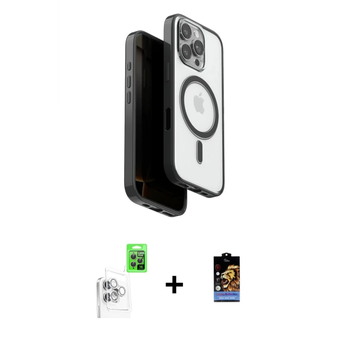 ieg™ iPhone 16 Pro Max Kılıf Pusula Form Serisi - Siyah Buffer Hayalet Cam Ekran Koruyucu + Raze Metal Kamera Lens - BZ