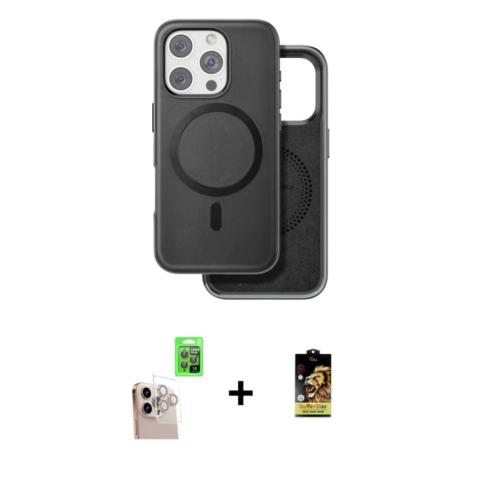 ieg™ iPhone 16 Pro Max Kılıf Pusula Işık Koleksiyonu - Siyah Buffer Cam Ekran Koruyucu + Natural Grey Raze Metal Kamera Lens