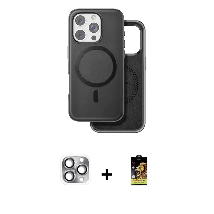 ieg™ iPhone 16 Pro Max Kılıf Pusula Işık Koleksiyonu - Siyah Buffer Cam Ekran Koruyucu + Pers Alüminyum Kamera Lens - GI