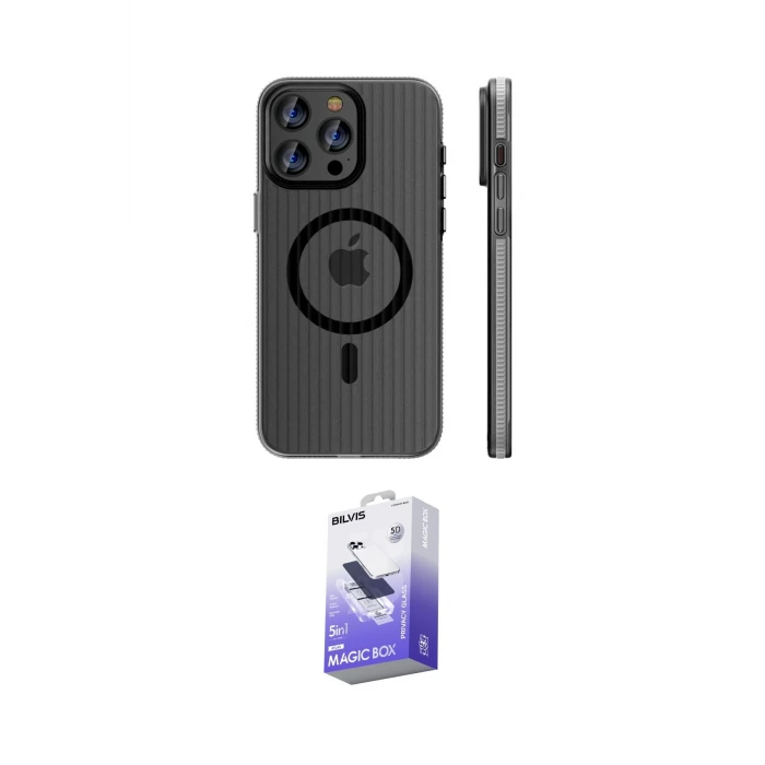 ieg™ iPhone 16 Pro Max Kılıf Pusula Minimal Koleksiyonu - Siyah Bilvis 5in1 5D Magic Hayalet Cam Ekran Koruyucu