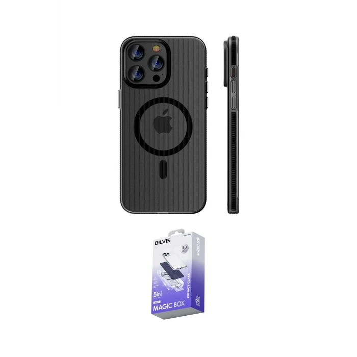 ieg™ iPhone 16 Pro Max Kılıf Pusula Minimal Koleksiyonu - Siyah Bilvis 5in1 5D Magic Hayalet Cam Ekran Koruyucu