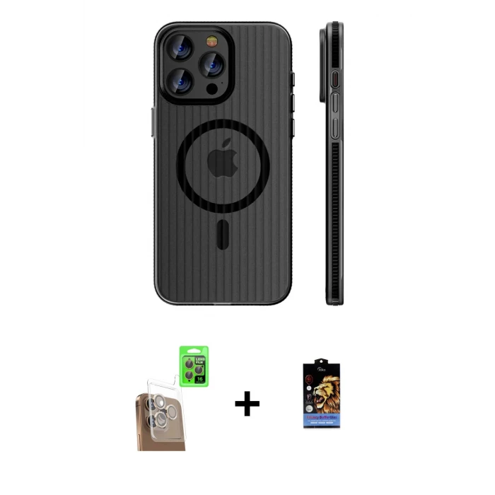 ieg™ iPhone 16 Pro Max Kılıf Pusula Minimal Koleksiyonu - Siyah Buffer Hayalet Cam Ekran Koruyucu + Raze Metal Kamera Lens - CLTM
