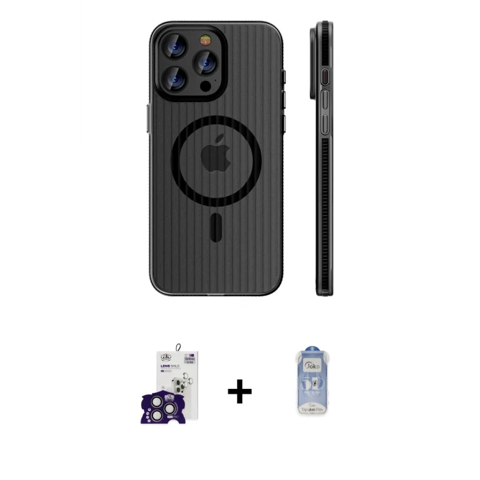 ieg™ iPhone 16 Pro Max Kılıf Pusula Minimal Koleksiyonu - Siyah Joko Magic 5D Cam + Bilvis Titan Kamera Lens - TMGI