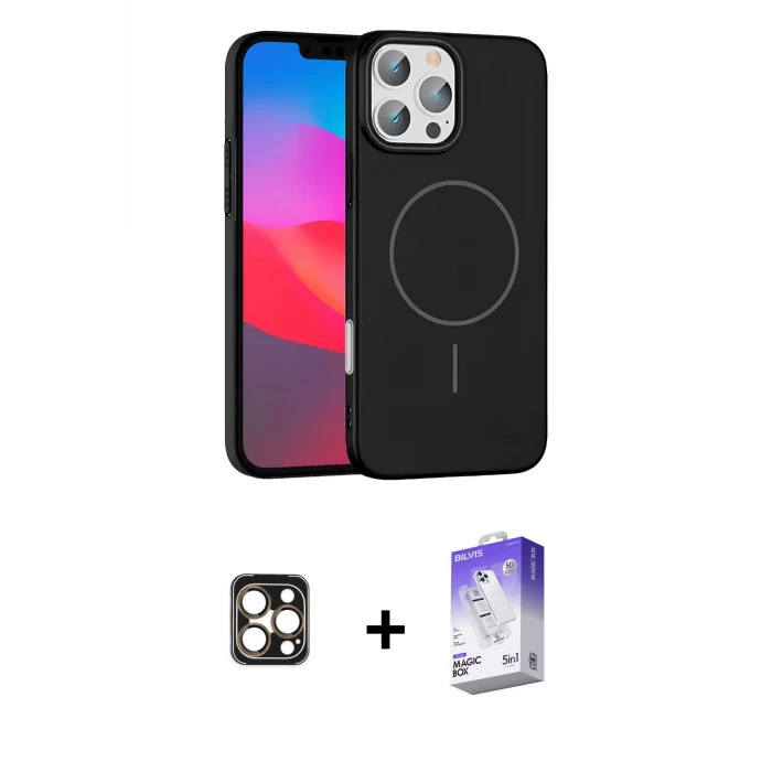 ieg™ iPhone 16 Pro Max Kılıf Siluet Doku Özel Seri - Siyah Bilvis 5in1 3D Magic Cam Ekran Koruyucu + PVD Metal Kamera Lens - GD