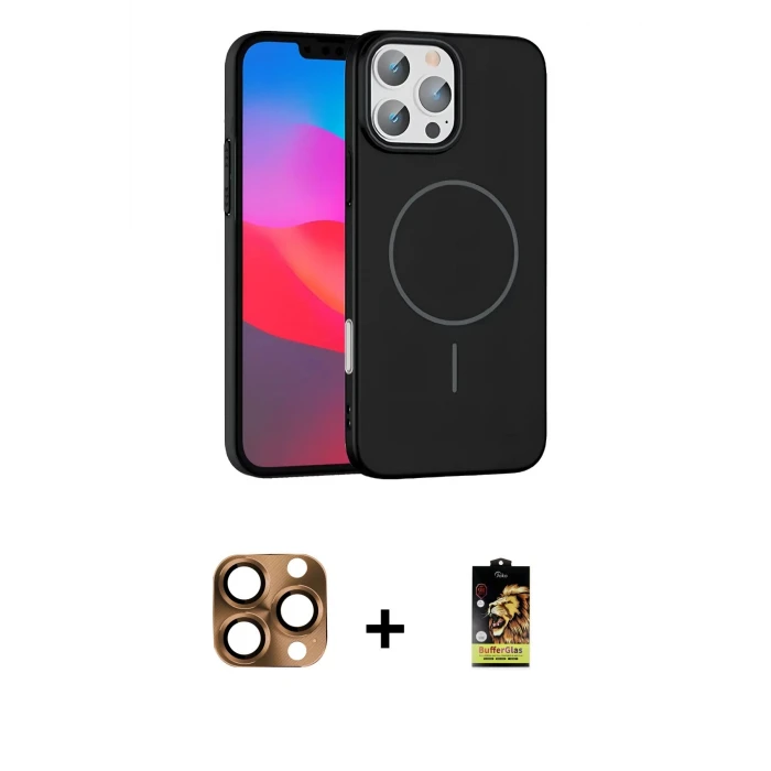 ieg™ iPhone 16 Pro Max Kılıf Siluet Doku Özel Seri - Siyah Buffer Cam Ekran Koruyucu + Çöl Titanyum Pers Alüminyum Kamera Lens