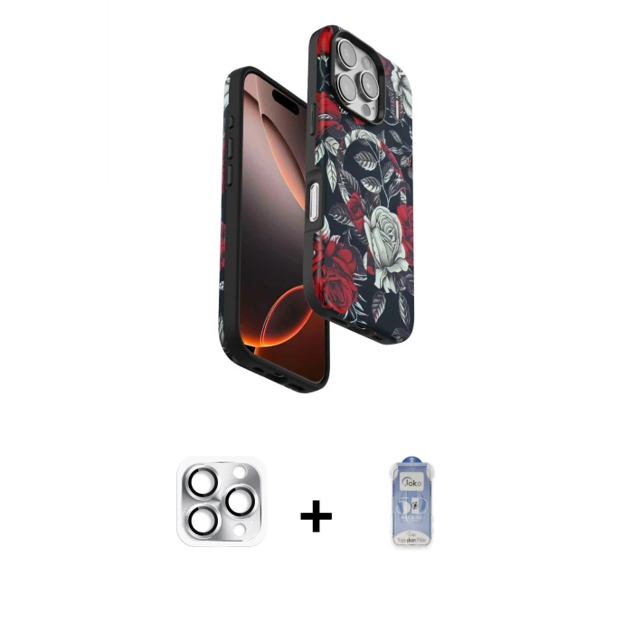 ieg™ iPhone 16 Pro Max Kılıf Siluet Doku - Siyah Joko Magic 5D Cam + Pers Alüminyum Kamera Lens - GS