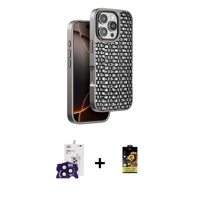 ieg™ iPhone 16 Pro Max Kılıf Siluet Form Serisi - Siyah Buffer Cam Ekran Koruyucu + Bilvis Titan Kamera Lens - SH
