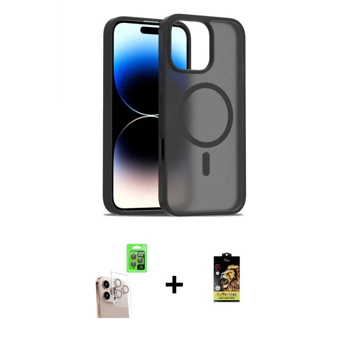 ieg™ iPhone 16 Pro Max Kılıf Siluet Minimal Prime - Siyah Buffer Cam Ekran Koruyucu + Natural Grey Raze Metal Kamera Lens
