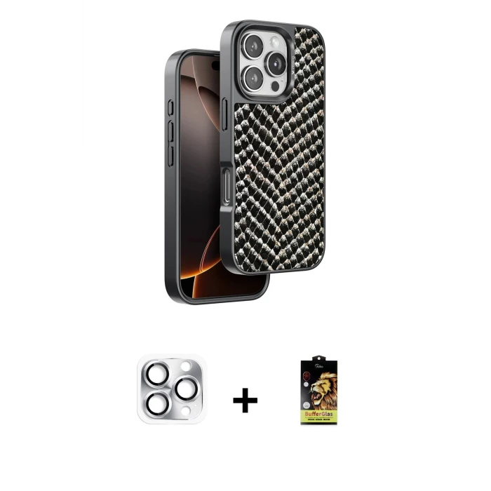 ieg™ iPhone 16 Pro Max Kılıf Vadi Özel Seri - Siyah Buffer Cam Ekran Koruyucu + Pers Alüminyum Kamera Lens - GS