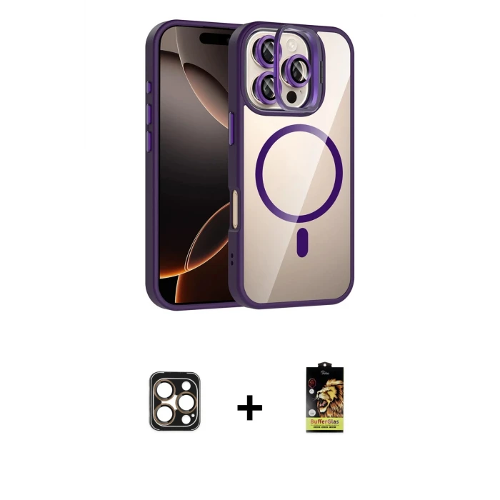ieg™ iPhone 16 Pro Max Kılıf Yadigar Asil Koleksiyonu - Siyah Buffer Cam Ekran Koruyucu + PVD Metal Kamera Lens - GD