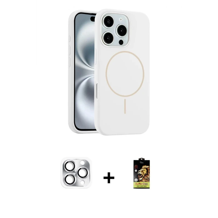 ieg™ iPhone 16 Pro Max Kılıf Yankı Form Serisi - Siyah Buffer Cam Ekran Koruyucu + Gümüş Pers Alüminyum Kamera Lens