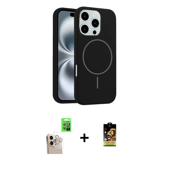 ieg™ iPhone 16 Pro Max Kılıf Yankı Form Serisi - Siyah Buffer Cam Ekran Koruyucu + Natural Grey Raze Metal Kamera Lens