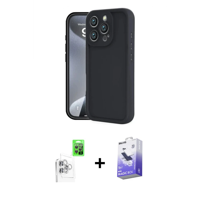 ieg™ iPhone 16 Pro Max Kılıf Yankı Yansıma Özel Seri - Siyah Bilvis 5in1 5D Magic Hayalet Cam Ekran Koruyucu + Raze Metal Kamera Lens - BZ