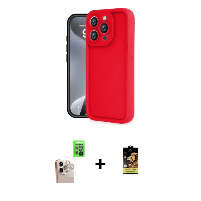 ieg™ iPhone 16 Pro Max Kılıf Yankı Yansıma Özel Seri - Siyah Buffer Cam Ekran Koruyucu + Natural Grey Raze Metal Kamera Lens