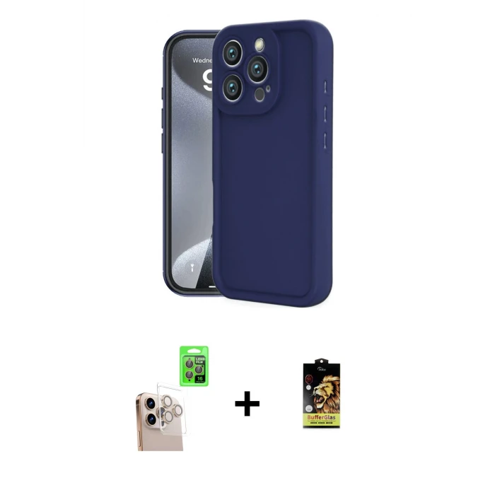 ieg™ iPhone 16 Pro Max Kılıf Yankı Yansıma Özel Seri - Siyah Buffer Cam Ekran Koruyucu + Natural Grey Raze Metal Kamera Lens