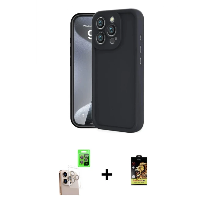 ieg™ iPhone 16 Pro Max Kılıf Yankı Yansıma Özel Seri - Siyah Buffer Cam Ekran Koruyucu + Natural Grey Raze Metal Kamera Lens