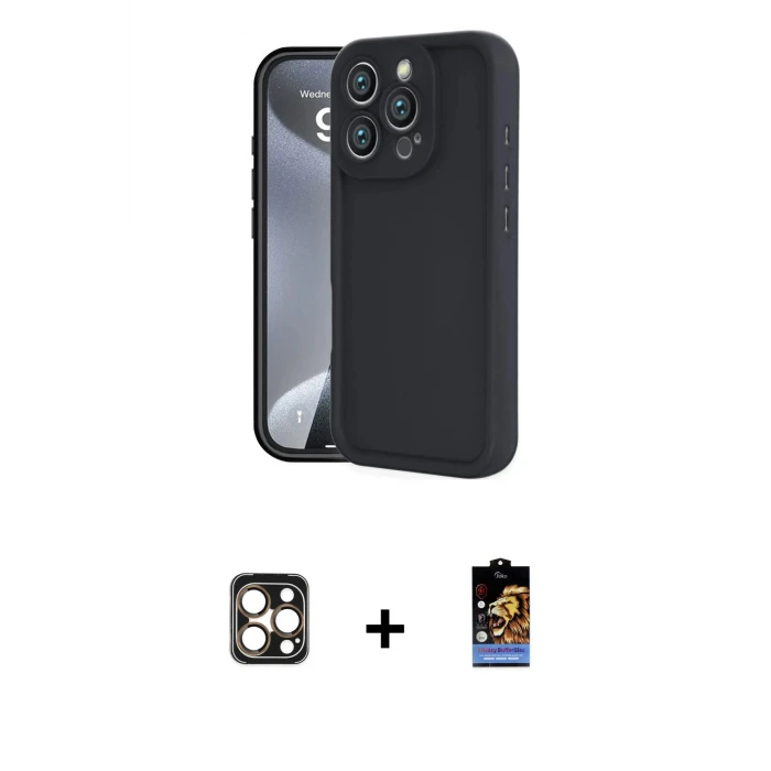 ieg™ iPhone 16 Pro Max Kılıf Yankı Yansıma Özel Seri - Siyah Buffer Hayalet Cam Ekran Koruyucu + PVD Metal Kamera Lens - GD