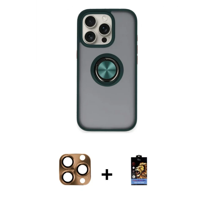 ieg™ iPhone 16 Pro Max Kılıf Yörünge Çizgi - Siyah Buffer Hayalet Cam Ekran Koruyucu + Pers Alüminyum Kamera Lens - CLTM