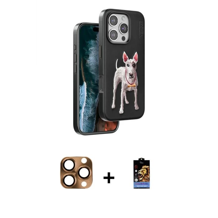 ieg™ iPhone 16 Pro Max Nova Form Koleksiyonu - Siyah Buffer Hayalet Cam Ekran Koruyucu + Çöl Titanyum Pers Alüminyum Kamera Lens