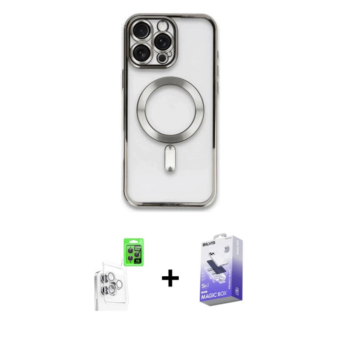 ieg™ iPhone 16 Pro Max Nova Işık Özel Seri - Siyah Bilvis 5in1 5D Magic Hayalet Cam Ekran Koruyucu + Beyaz Raze Metal Kamera Lens