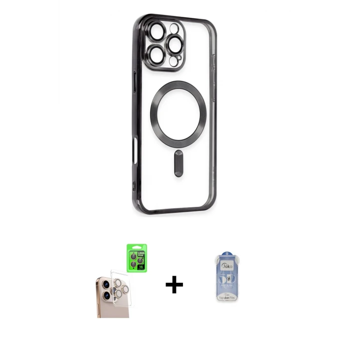 ieg™ iPhone 16 Pro Max Nova Işık Özel Seri - Siyah Joko Magic 5D Cam + Natural Grey Raze Metal Kamera Lens