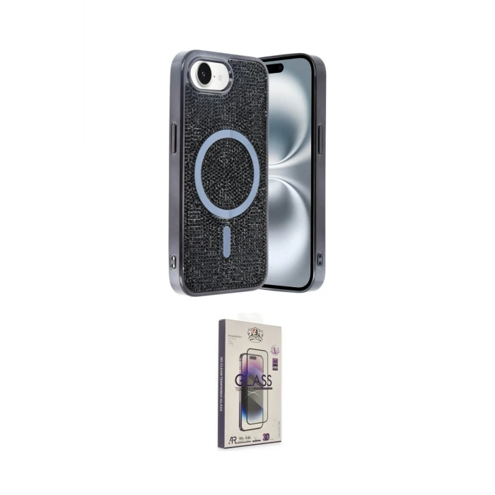 ieg™ iPhone 16E Kılıf Eksen Çizgi - Siyah Bilvis 3D Cam Ekran Koruyucu