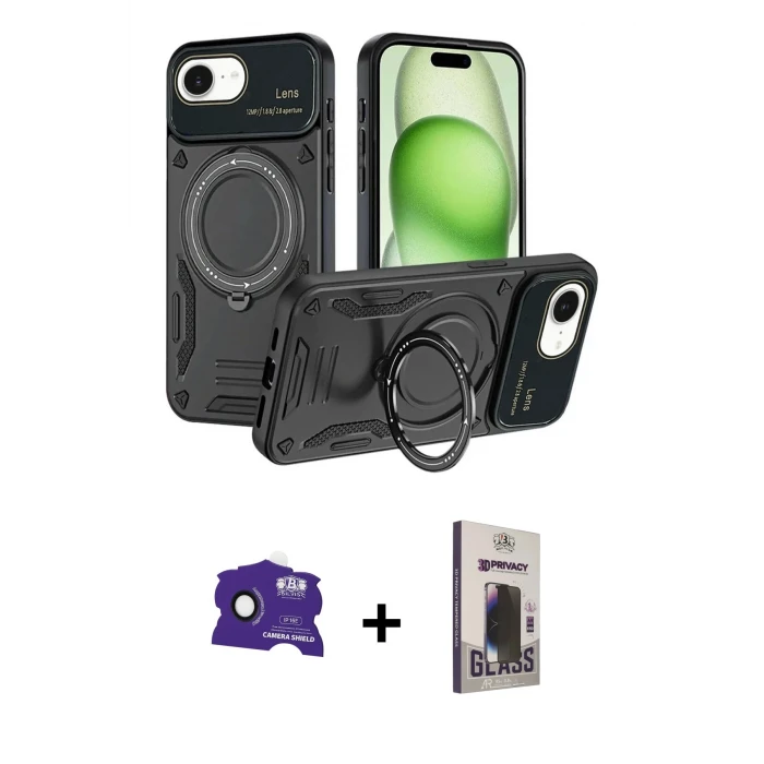 ieg™ iPhone 16E Kılıf Kıvılcım Modern Serisi - Siyah Bilvis Hayalet Cam Ekran Koruyucu + Bilvis Titan Kamera Lens - SH