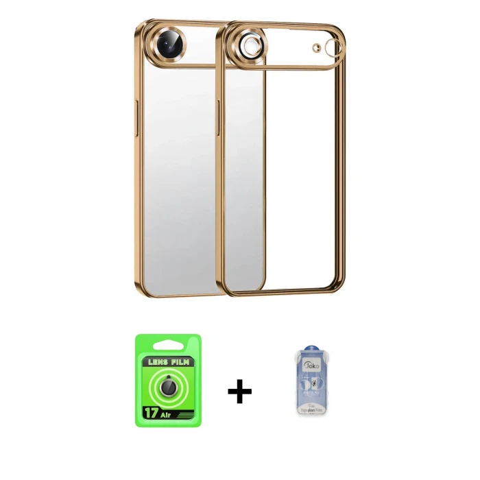 ieg™ iPhone 17 Air Vadi Minimal - Siyah Joko Magic 5D Cam + Gold Raze Metal Kamera Lens