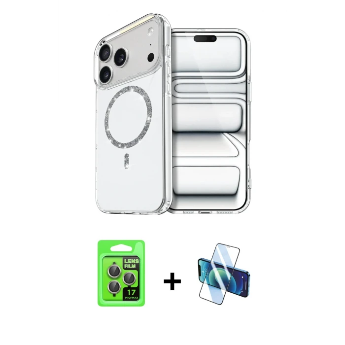 ieg™ iPhone 17 Pro Kılıf Kıvılcım Form Prime - Siyah 3D Antistatik Cam Ekran Koruyucu + Gri Raze Metal Kamera Lens