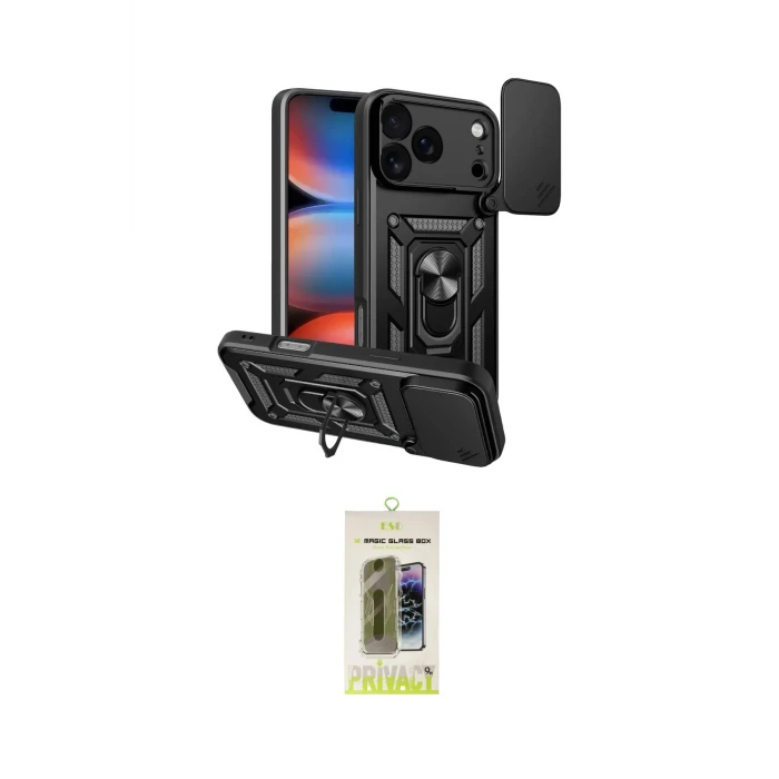 ieg™ iPhone 17 Pro Max Kılıf Ahenk Klasik - Siyah Joko Magic 5D Hayalet Cam