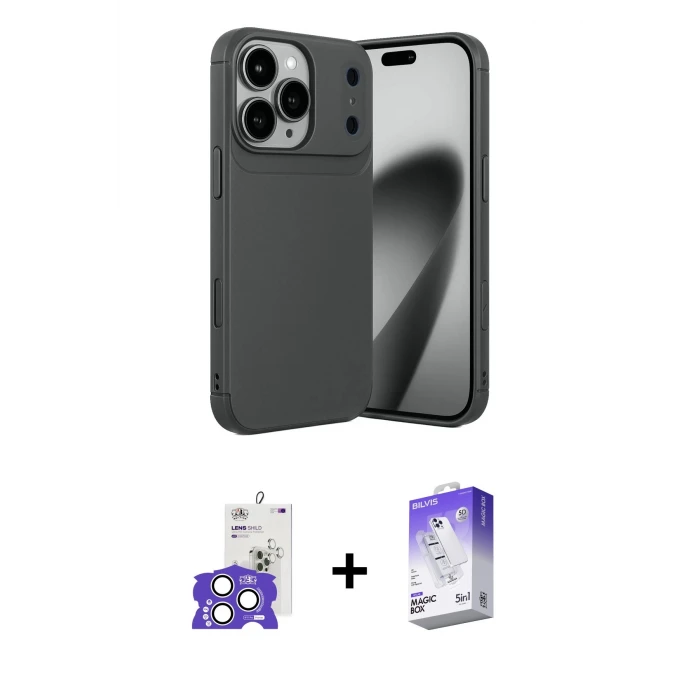 ieg™ iPhone 17 Pro Max Kılıf Eksen Form Prime - Siyah Bilvis 5in1 3D Magic Cam Ekran Koruyucu + Bilvis Titan Kamera Lens - GS
