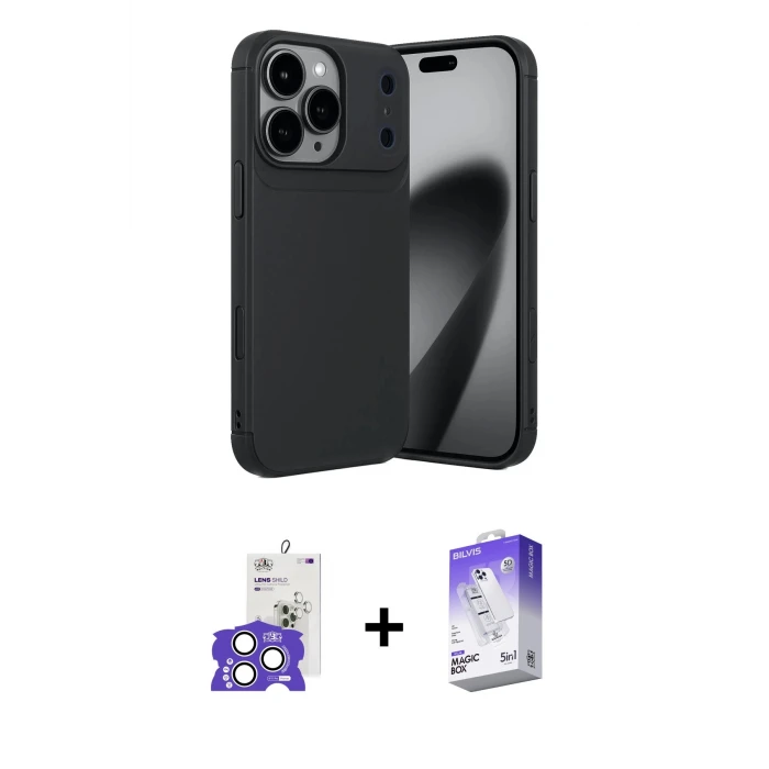 ieg™ iPhone 17 Pro Max Kılıf Eksen Form Prime - Siyah Bilvis 5in1 3D Magic Cam Ekran Koruyucu + Bilvis Titan Kamera Lens - GS