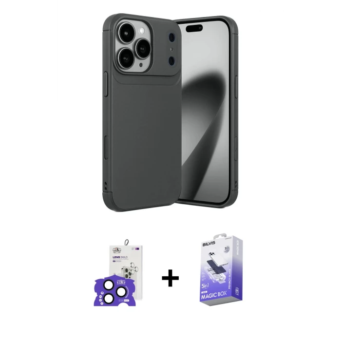 ieg™ iPhone 17 Pro Max Kılıf Eksen Form Prime - Siyah Bilvis 5in1 5D Magic Hayalet Cam Ekran Koruyucu + Bilvis Titan Kamera Lens - LT