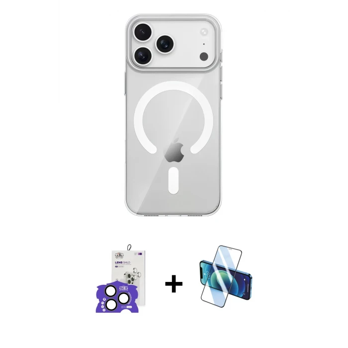 ieg™ iPhone 17 Pro Max Kılıf Pusula Form Özel Seri - Siyah 3D Antistatik Cam Ekran Koruyucu + Natural Grey Bilvis Titan Kamera Lens