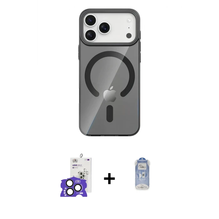 ieg™ iPhone 17 Pro Max Kılıf Pusula Form Özel Seri - Siyah Joko Magic 5D Cam + Natural Grey Bilvis Titan Kamera Lens