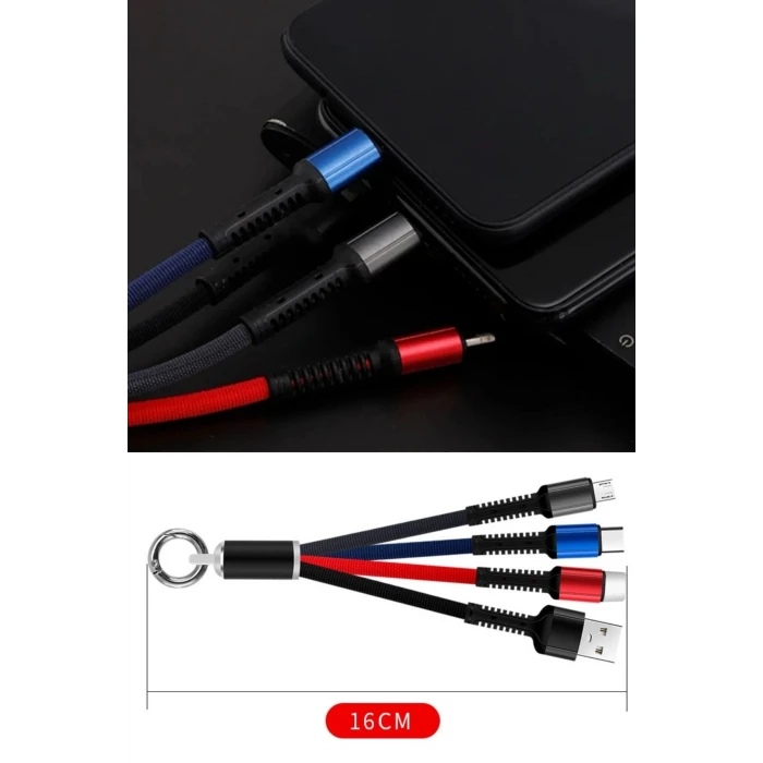 ieg™  Işıklı Anahtarlık Model 3 in 1 USB Çıkışlı MİKRO,TYPE-C ve İphone Uyumlu Şarj Kablosu