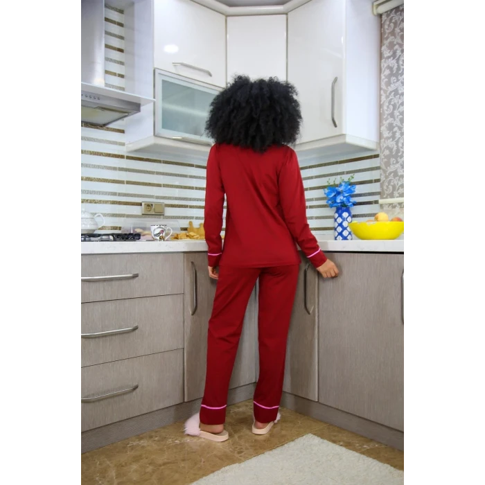 ieg ™ Kadın %100 Pamuk Penye Önden Düğmeli Uzun Kol Pijama Takım Bordo