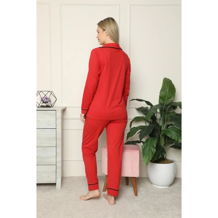 ieg ™ Kadın %100 Pamuk Penye Önden Düğmeli Uzun Kol Pijama Takım Kırmızı