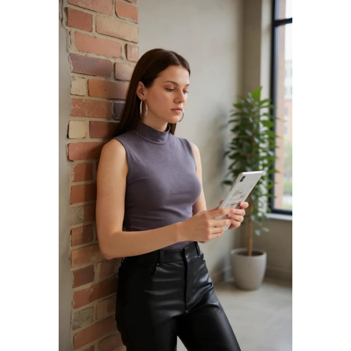 ieg™ Kadın Antrasit Gri Kolsuz Balıkçı Yaka Basic Bluz