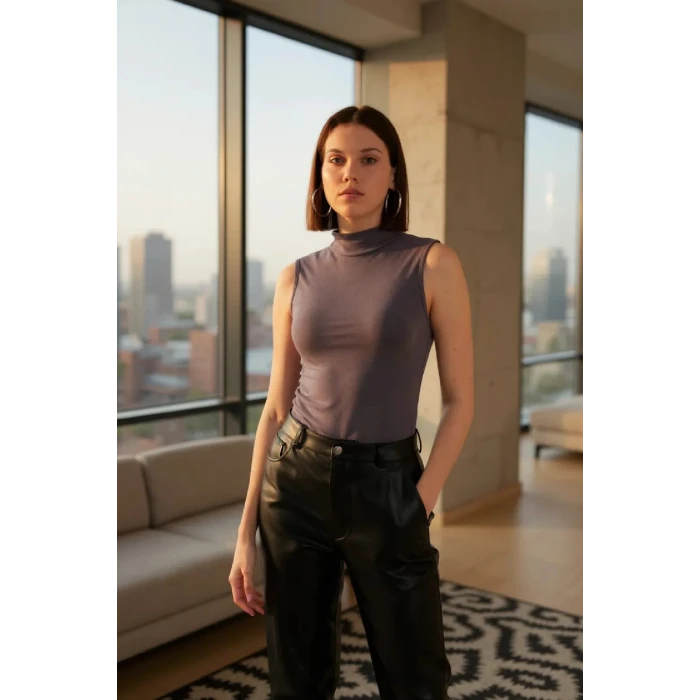 ieg™ Kadın Antrasit Gri Kolsuz Balıkçı Yaka Basic Bluz