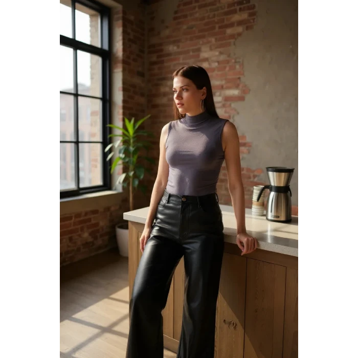 ieg™ Kadın Antrasit Gri Kolsuz Balıkçı Yaka Basic Bluz