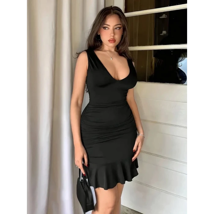 ieg™ Kadın Askılı Derin V Dekolteli Fırfırlı Janjan Krep Elbise